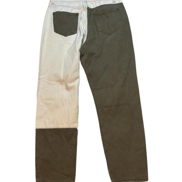 Two-Tone High-Waisted Straight-Leg Jeans in Olive Green and Beige - Picture 2 of 7